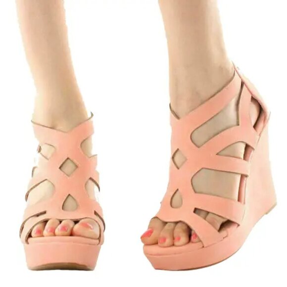 TOP Moda Shoes - Top Moda Open Toe Cutout Detail Strappy Gladiator Wedge Platform Sandals Coral
